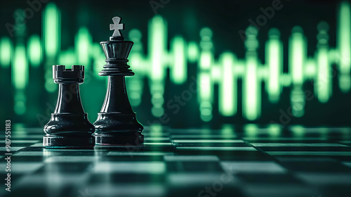 Close-up of black chess pieces on a board with a green abstract background, symbolizing strategy and competition. photo