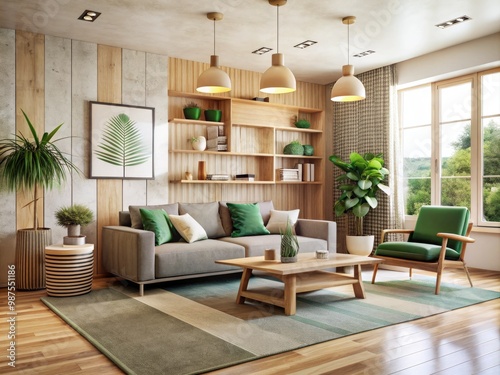 Sleek and modern living room features a minimalist décor with plywood furniture, adding warmth with a statement rug and accentuated walls in a soothing color palette. photo