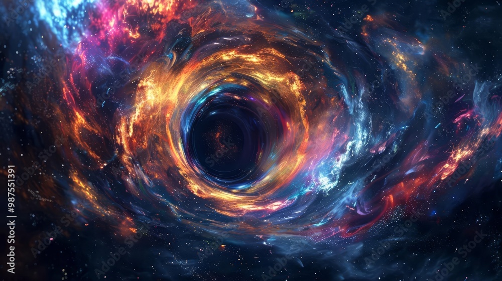 Abstract cosmic swirl with a black hole at the center, surrounded by vibrant colors and nebula. Abstract cosmic swirl with a black hole at the center, surrounded by vibrant colors and nebula.