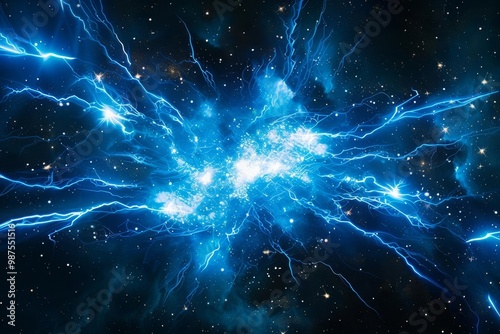 Abstract blue energy with lightning bolts and stars in a dark background.