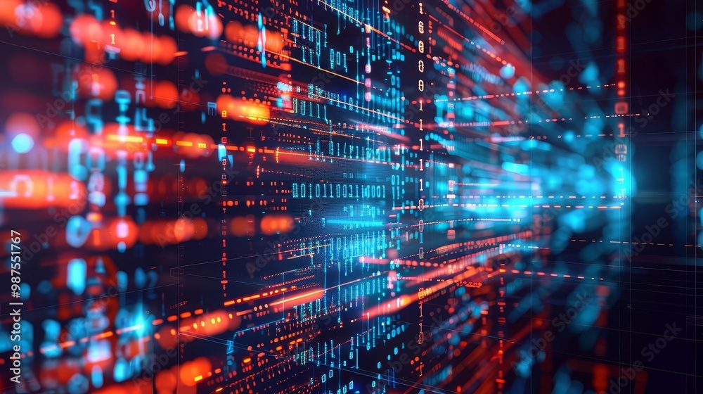 Fototapeta premium Abstract digital background with binary code and glowing lights.