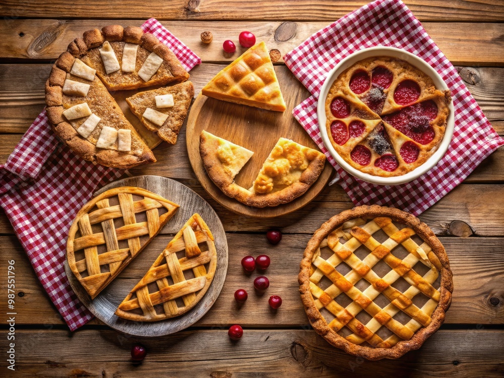 Slices of assorted pies rest on a worn wooden table beneath a checkered cloth, a warm and inviting tableau. Slices of assorted pies rest on a worn wooden table beneath a checkered cloth, a warm and inviting tableau.