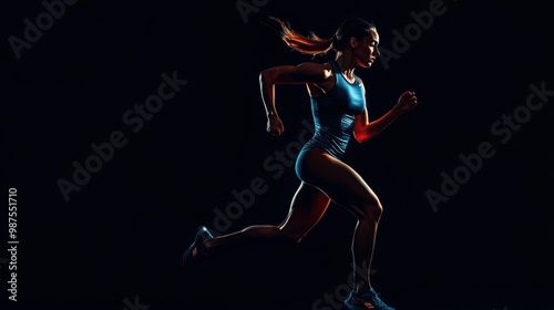 A strong athletic, woman sprinter, running on black background wearing in the sportswear, fitness and sport motivation concept