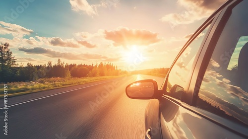 The setting sun is reflected in a side view mirror of a car.