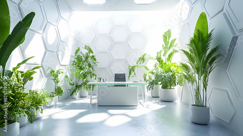 Modern office interior featuring vibrant green plants and a sleek desk in a bright, well-lit space. photo