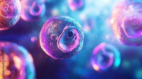 Vibrant genetic transformation of embryonic stem cells in an abstract biotechnology landscape, featuring captivating colors and ethereal shapes for an imaginative scientific exploration. photo