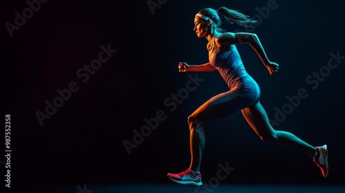 A strong athletic, woman sprinter, running on black background wearing in the sportswear, fitness and sport motivation concept