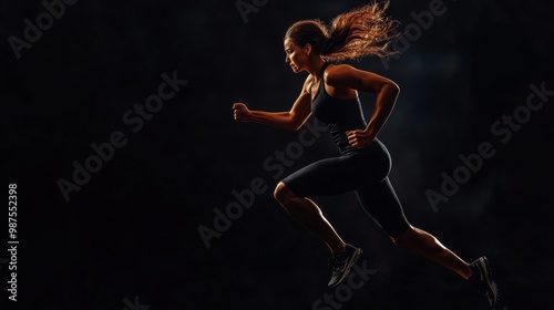 A strong athletic, woman sprinter, running on black background wearing in the sportswear, fitness and sport motivation concept