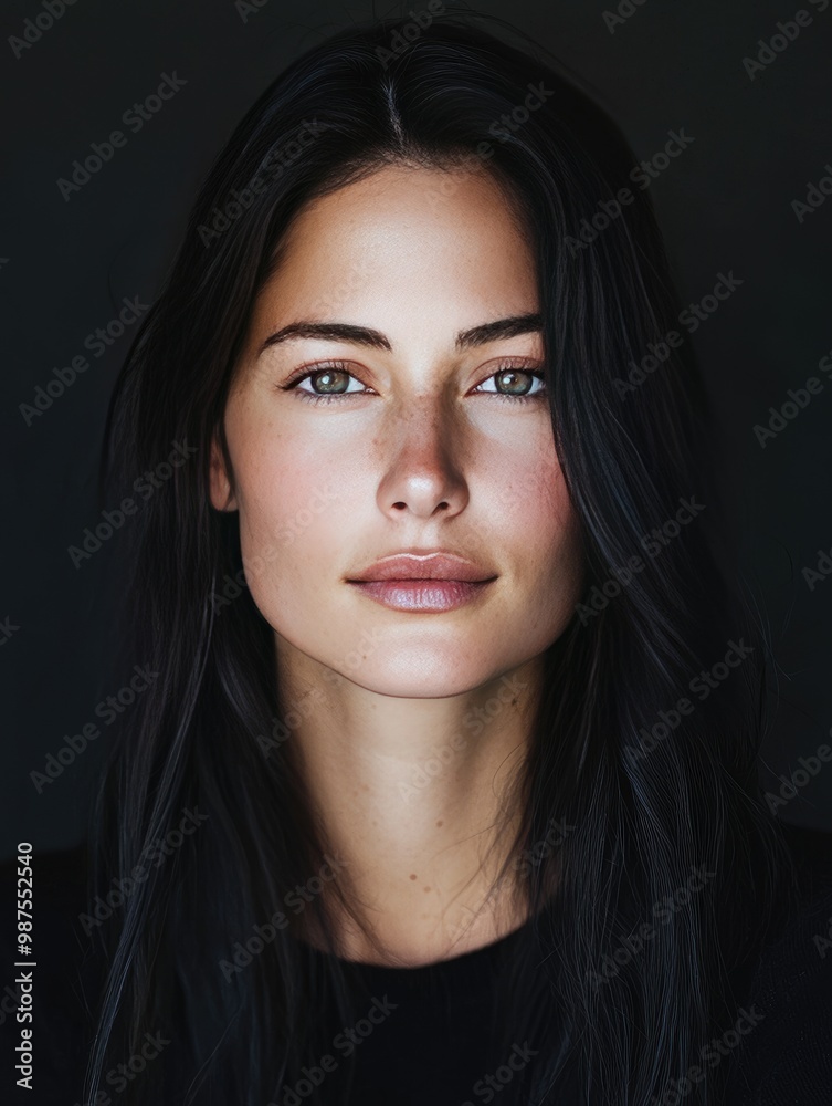 Studio portrait of a 29-year-old woman of Dakota and Italian descent with long black hair and emerald green eyes.