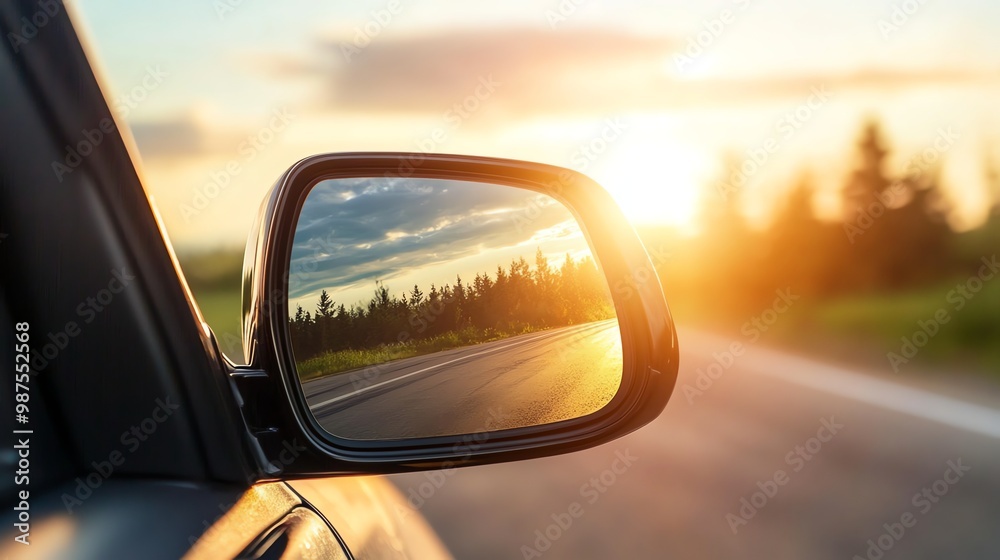 The setting sun is reflected in a car's rearview mirror. The setting sun is reflected in a car's rearview mirror.