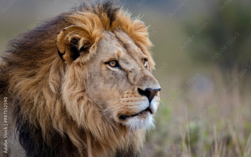 Majestic lion portrait. Close-up portrait of a male lion with a powerful gaze, showcasing its regal presence and strength in the wild. Majestic lion portrait. Close-up portrait of a male lion with a powerful gaze, showcasing its regal presence and strength in the wild.