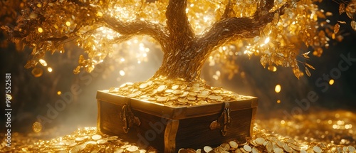 A glowing golden tree grows over a treasure chest filled with gold coins, symbolizing wealth, prosperity, and abundance.