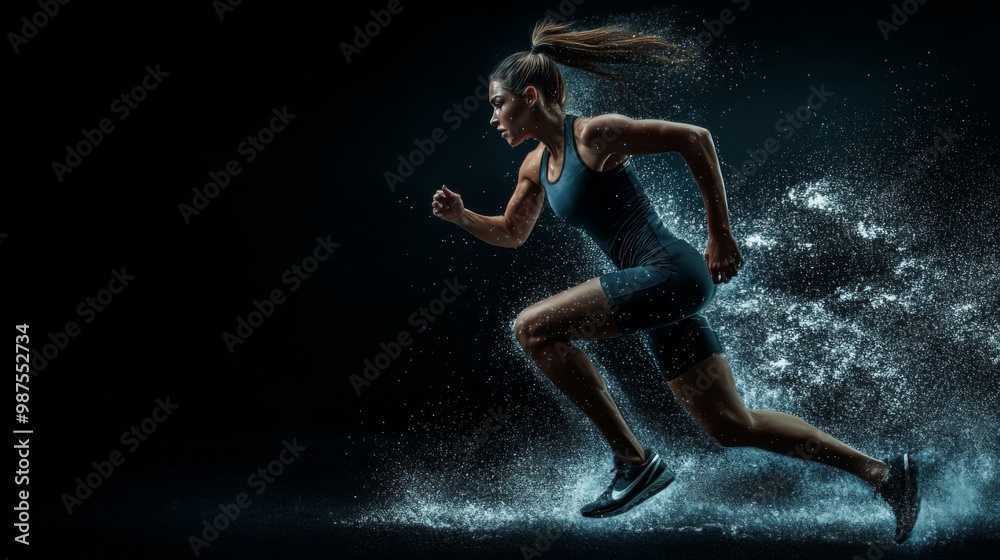 Naklejka premium A strong athletic, woman sprinter, running on black background wearing in the sportswear, fitness and sport motivation concept