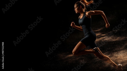 A strong athletic, woman sprinter, running on black background wearing in the sportswear, fitness and sport motivation concept