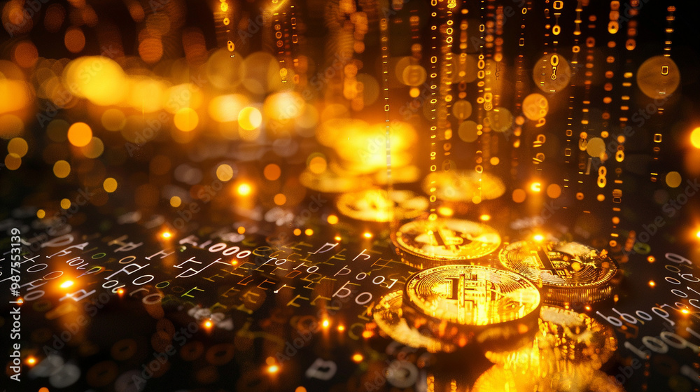Digital representation of gold investment – futuristic concept, golden coins transforming into digital codes. Digital representation of gold investment – futuristic concept, golden coins transforming into digital codes.