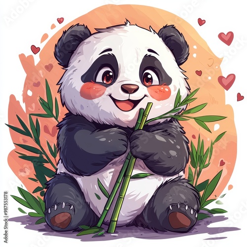 Cute panda holding bamboo with hearts and leaves in a playful cartoon style photo