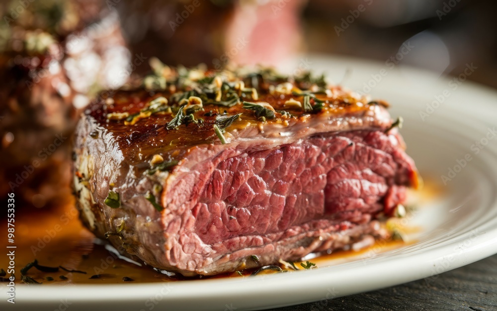 Grilled steak. Medium-rare steak cooked to perfection, seasoned with herbs and served on a white plate. Grilled steak. Medium-rare steak cooked to perfection, seasoned with herbs and served on a white plate.