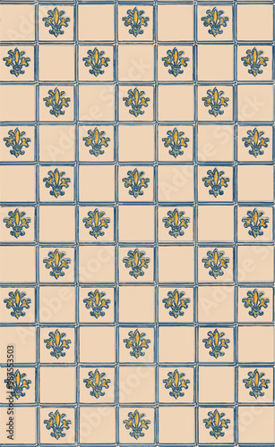 Wallpaper Mural Pattern of blue outlined square tiles with yellow and blue fleur-de-lis on a cream textured background. Torontodigital.ca