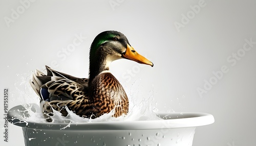 Determined duck paddling fiercely in a bathtub against a pristine white background photo