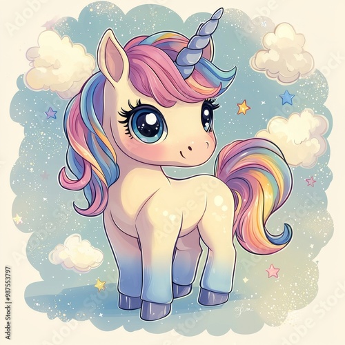 Cute unicorn with rainbow mane in a magical cloud and star background photo