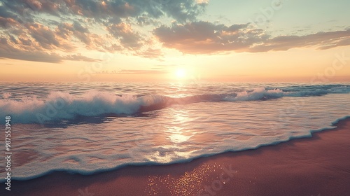 Sunset over the tranquil ocean waves gently lapping the sandy shore during a serene evening on the beach