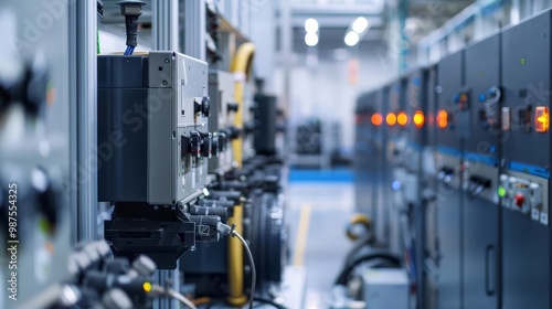 Closeup of industrial electrical control panels in a factory setting.