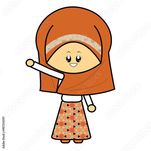 Vector illustration of a cute smiling girl in hijab, modestly dressed in long sleeves and skirt, highlighting her Muslim identity with a joyful expression and modest fashion against a white background photo