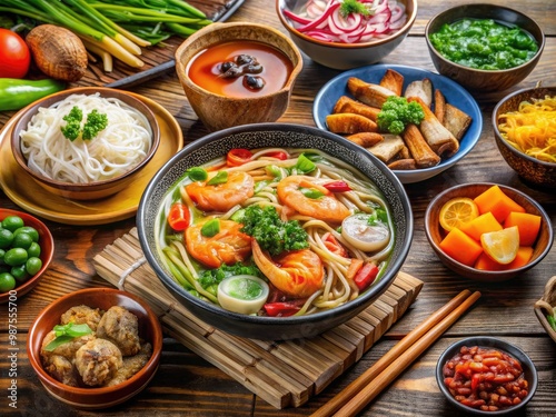 Taiwanese cuisine is a vibrant celebration of flavors featuring diverse dishes combining noodles, rice, seafood, colorful vegetables, and savory soups.