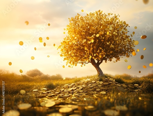 A golden tree shedding coins in a field, symbolizing financial growth, wealth abundance, and prosperity in a serene landscape. photo