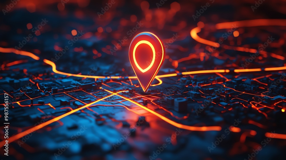 A glowing orange location pin on a blue, 3D map with orange roads. A glowing orange location pin on a blue, 3D map with orange roads.
