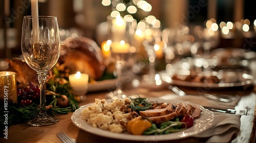 Thanksgiving dinner table under soft lighting