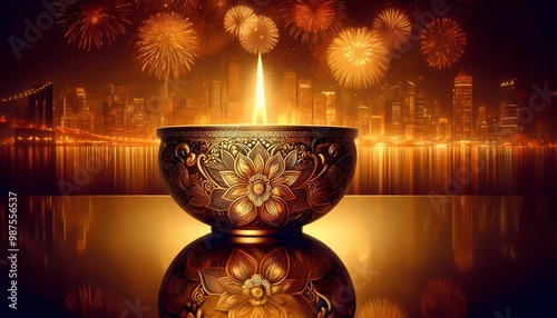 A golden diya reflecting the light of a cityscape with fireworks in the background.