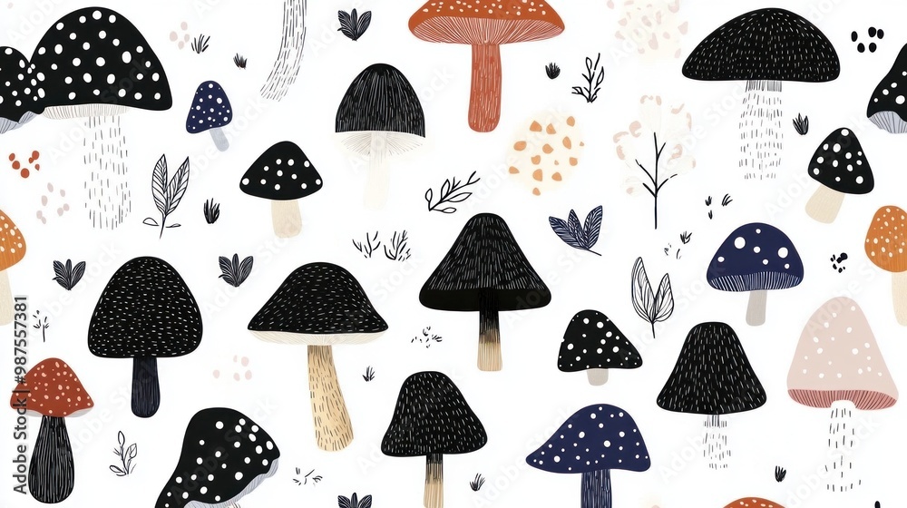 Hand-drawn mushroom pattern, ideal for wrapping paper, textiles, or backgrounds. Hand-drawn mushroom pattern, ideal for wrapping paper, textiles, or backgrounds.