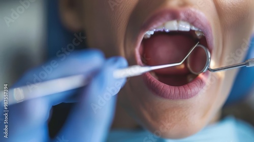 Close up of a dentist examining a patient's teeth. photo