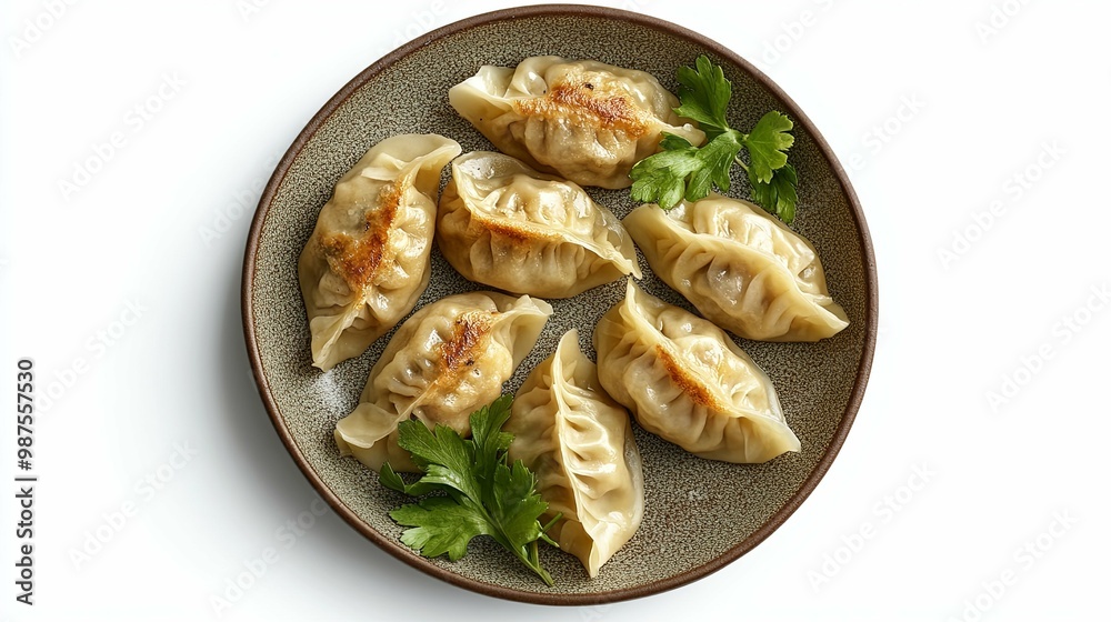 A Plate of Steamed Dumplings with Parsley Garnish A Plate of Steamed Dumplings with Parsley Garnish