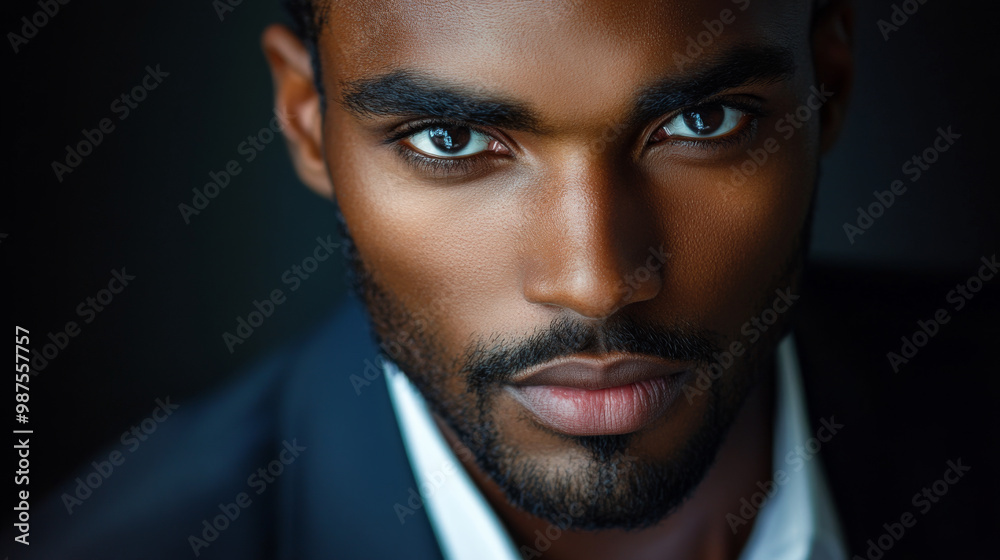 A close-up professional portrait of a man in a well-lit studio, with a sharp focus on his facial features