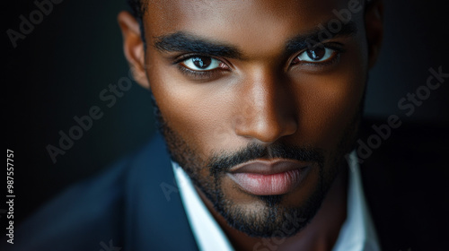 A close-up professional portrait of a man in a well-lit studio, with a sharp focus on his facial features