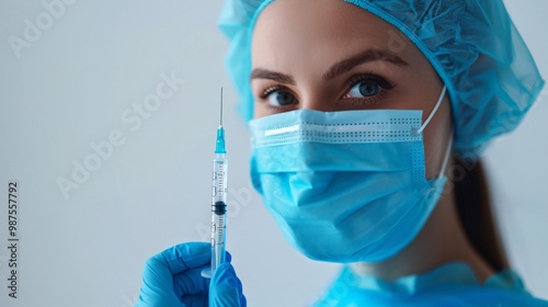 A woman in a blue lab coat holding a syringe