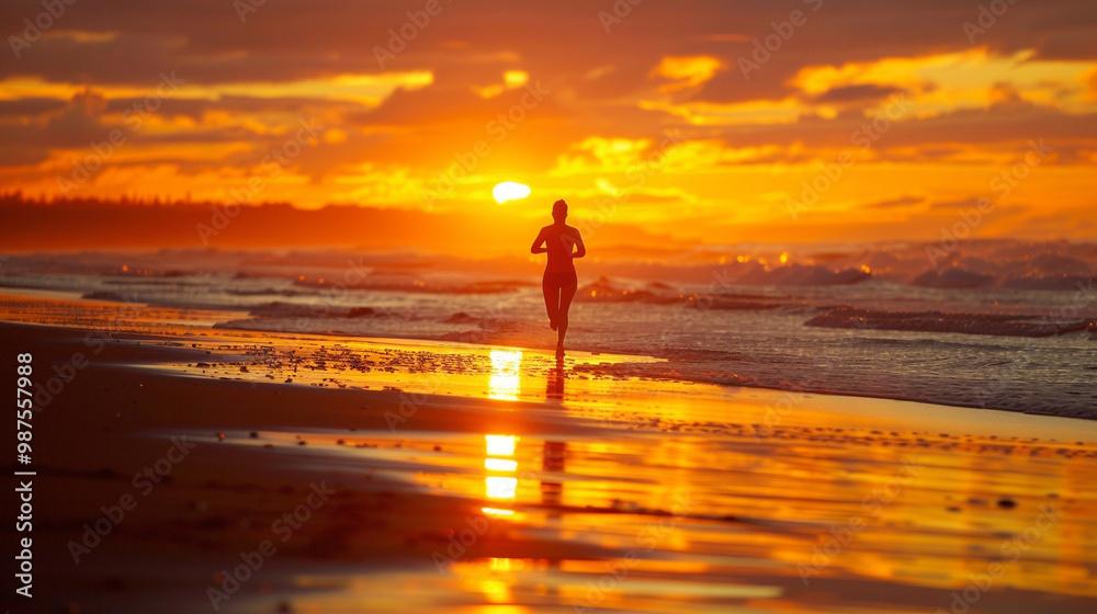Person running on a beach at sunset – solo runner with ocean waves in the background, vibrant sunset colors. Person running on a beach at sunset – solo runner with ocean waves in the background, vibrant sunset colors.