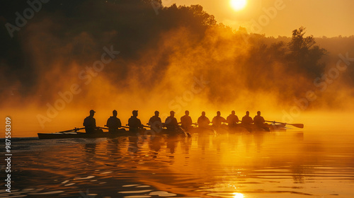 Rowing team during sunrise race – synchronized paddling, river mist rising, golden sunlight reflecting on water. photo