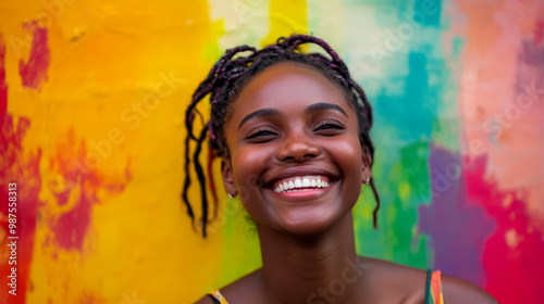 A portrait of a person smiling with genuine joy, set against a colorful and vibrant backdrop