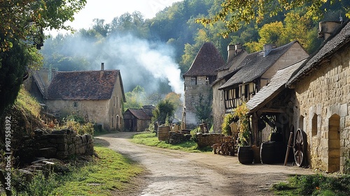 A lively medieval festival unfolds in a quaint village with knights and villagers celebrating together on a cloudy day
