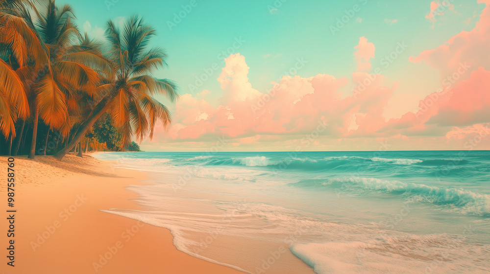 Obraz premium Vintage Tropical Beach with Palm Trees and Ocean Waves – Retro Film-Style Sunset and Paradise Landscape