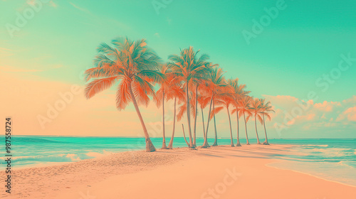 Vintage Tropical Beach with Palm Trees and Ocean Waves     Retro Film-Style Sunset and Paradise Landscape