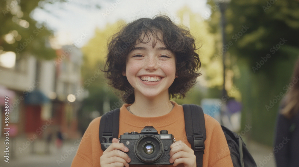Smiling non-binary teenager with camera, showcasing individuality. Smiling non-binary teenager with camera, showcasing individuality.