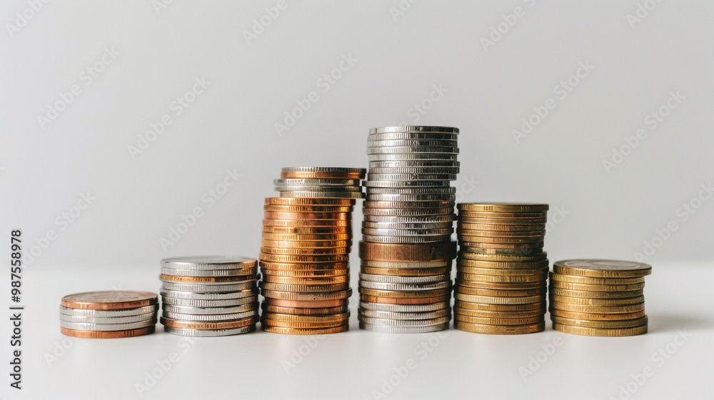 Stack of coins growing taller – different sized stacks of coins, symbolizing increasing investment returns, plain background. Stack of coins growing taller – different sized stacks of coins, symbolizing increasing investment returns, plain background.