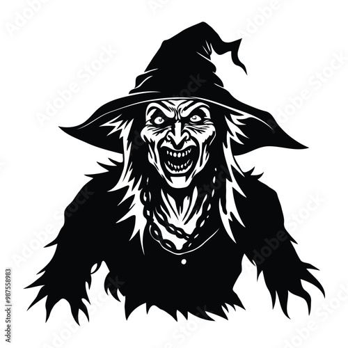 Silhouette art illustration of spooky and scary Halloween witch