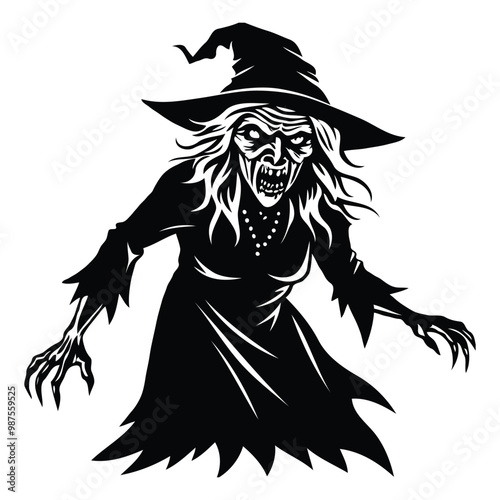 Silhouette art illustration of spooky and scary Halloween witch