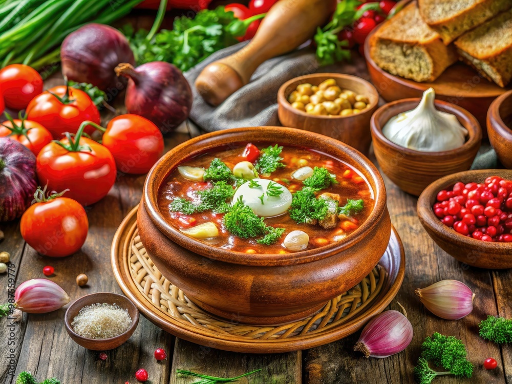 This traditional Russian dish, adorned with fresh ingredients and vivid colors, invites you to experience its rich flavors on a charming wooden table. This traditional Russian dish, adorned with fresh ingredients and vivid colors, invites you to experience its rich flavors on a charming wooden table.