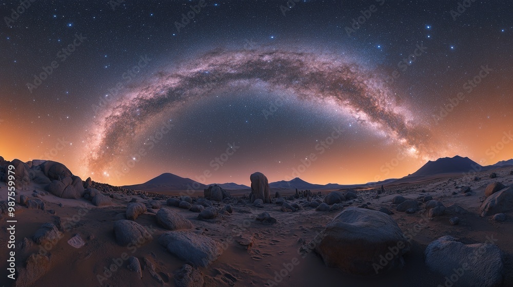 A stunning view of the Milky Way arching over rocky landscapes in the Atacama Desert at twilight